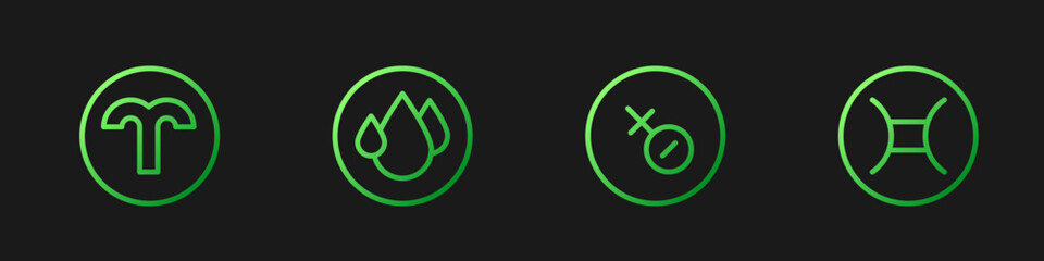 Set line Venus symbol, Aries zodiac, Water drop and Gemini. Gradient color icons. Vector
