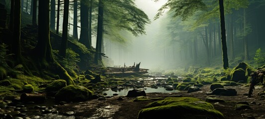 Tranquil Forest Stream with Mossy Rocks and Fallen Tree Trunk