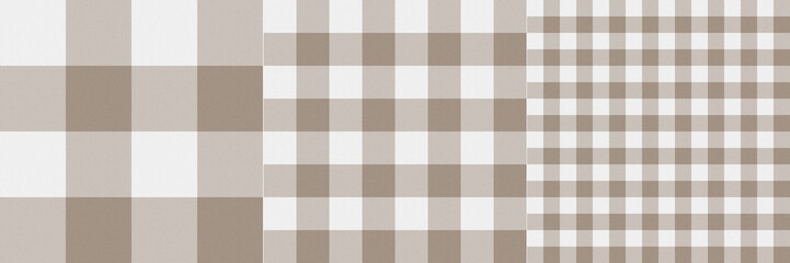 Set of 3 seamless realistic beige neutral check texture. Fabric with textile twill for rendering. Cosy beige pattern. Retro flannel background. Spring mood, flannel shirt, dres, skirt, tablecloth