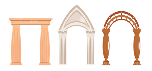 Set of exquisite classic arches in a cartoon style. Vector illustration of beautiful, elegant antique arches: rectangular and arched with capitals and bases. Support for arches and vaults. - obrazy, fototapety, plakaty