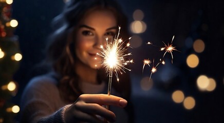 New Year's sparkler at night in a hands. Holiday christmas background created with generative ai - obrazy, fototapety, plakaty