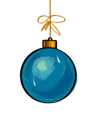 Blue Christmas ball on a golden string with a bow. Solid Color Glass toy, Christmas decoration. Isolated object on a white background. Design element of a New Year's sale banner, print, postcard