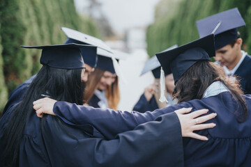 Graduating students celebrate their achievement, hugging and smiling in a park. A diverse group in graduation gowns and caps share positive memories and congratulate each other on their success.