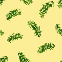 Fototapeta na wymiar Summer background,Seamless Pattern Palm leaves on Yellow Color,Pattern Random Green Coconut leaves,Vector Seamless Tropical Nature branches for Holiday Season,Travel,Vacation Background