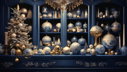 Fototapeta na wymiar christmas interior design in blue and gold