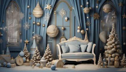 wooden door with a chandelier on christmas in blue
