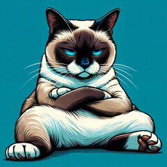An illustration in a contemporary comic style featuring a lazy and crabby Siamese cat. The cat is sitting down with its arms folded and a sulky expression