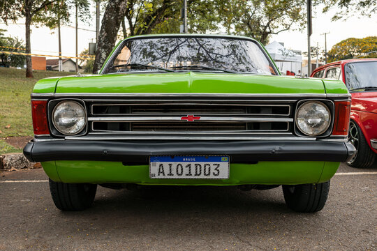 Vehicle Chevrolet Opala 4100 (1973) on display at a vintage car fair show in the city of Londrina, Brazil. Annual vintage car meeting.