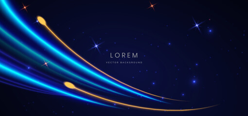 Obraz premium Abstract technology futuristic glowing neon blue and yellow curved light lines with speed motion moving on dark blue background.
