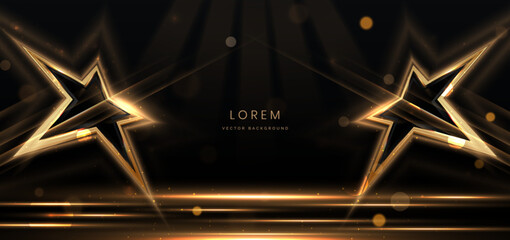 Star gold light on black background with lighting effect and sparkle. Luxury template celebration award design.