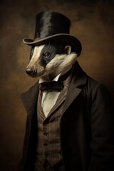 Black and white photography of an archeologist badger, generated with AI