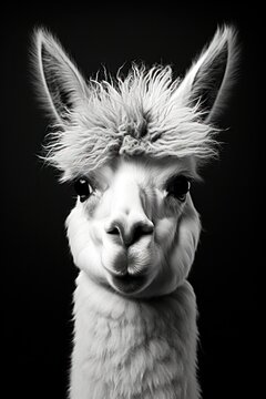Black and white photography of a llama, generated with AI