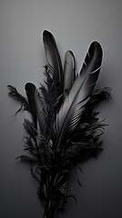 A sophisticated arrangement of sleek black feathers with glossy textures standing out against a muted grey background. Vertical. 