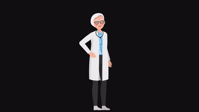 High resolution 2d cartoon old female doctor character talking on alpha channel background in seamless loop.