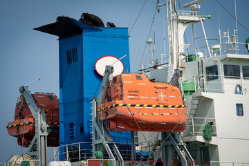 lifeboat on cargo container ship. Safety lifeboat is one of the most important life-saving...