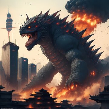 Giant Kaiju Over Fictional Chinese Futuristic City