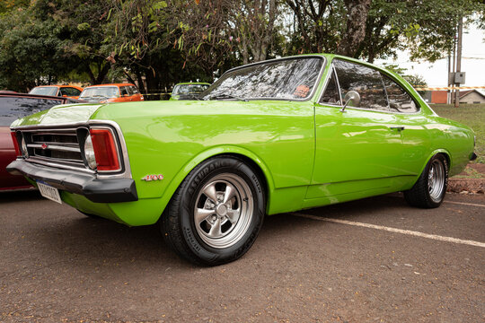 Vehicle Chevrolet Opala 4100 (1973) on display at a vintage car fair show in the city of Londrina, Brazil. Annual vintage car meeting.