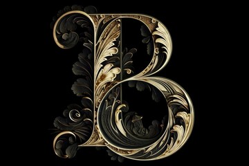 letter b, calligraphic style, on black background