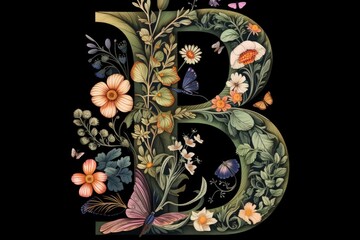 letter b, floral and botanical style, on black background