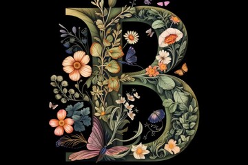 Obraz premium letter b, floral and botanical style, on black background
