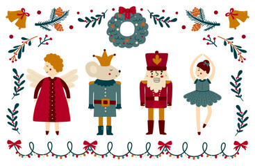 Colorful set of Christmas characters Nutcracker, ballerina, mouse and angel. Holiday statues. 