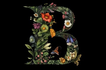 letter b, floral and botanical style, on black background