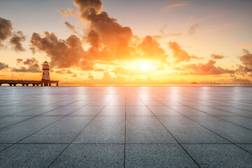 Empty square floor and coastline natural landscape at sunrise in Zhuhai, Guangdong Province, China.