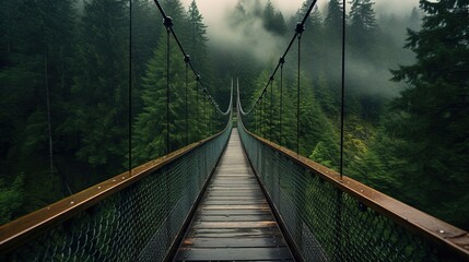 Fototapeta premium Generative AI, treetop boarding bridge on misty fir forest beautiful landscape in hipster vintage retro style, foggy mountains and trees...