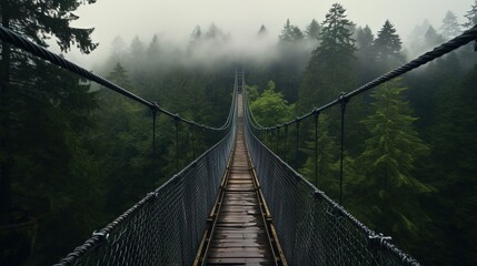 Obraz premium Generative AI, treetop boarding bridge on misty fir forest beautiful landscape in hipster vintage retro style, foggy mountains and trees...