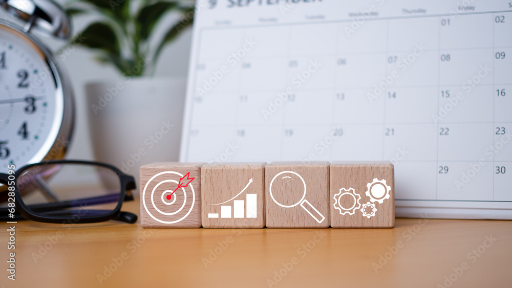 Poster wood cube block stacking with icon. concept of business strategy and goal action plan.