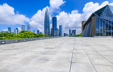 City square and skyline with modern buildings scenery in Shenzhen, Guangdong Province, China. Empty square floor and skyline background.