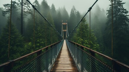 Obraz premium Generative AI, treetop boarding bridge on misty fir forest beautiful landscape in hipster vintage retro style, foggy mountains and trees...