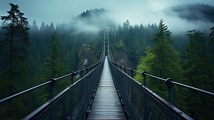 Fototapeta premium Generative AI, treetop boarding bridge on misty fir forest beautiful landscape in hipster vintage retro style, foggy mountains and trees...