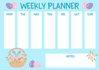 Weekly planner for kids with cute bunny ears in a basket, flowers and eggs. Easter theme school timetable. Class schedule for students. Vector illustration.