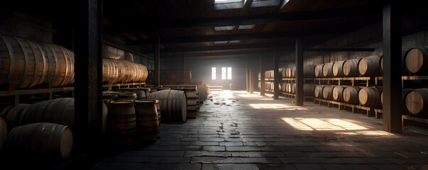 Fototapeta premium Storage room with whiskey barrels. Oak casks of brandy. Edited AI illustration. 