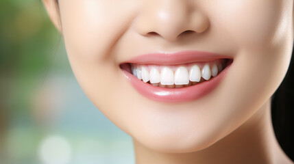 Obraz premium Smiling woman with white teeth, close-up of teeth on face