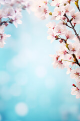 Obraz premium Beautiful spring border, blooming cherry blossoms on a blue background. Beautiful bokeh. Space for text