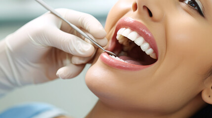 Dentist is checking the teeth of a beautiful woman