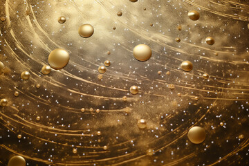space, planets and stars theme pressed on a golden metallic sheet, close up, festive background, shiny