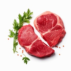 Raw beef steak with rosemary isolated on white background, top view, ai