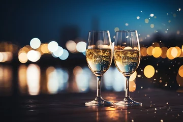 Foto op Plexiglas Glass of Champagne on blurred Night city Light background. © miss[SIRI]
