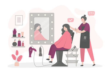 Beauty salon, specialist hair stylist doing haircut for female character sitting in chair. Caucasian client getting hairdo. Professional treatment, hairdressing in special center.
