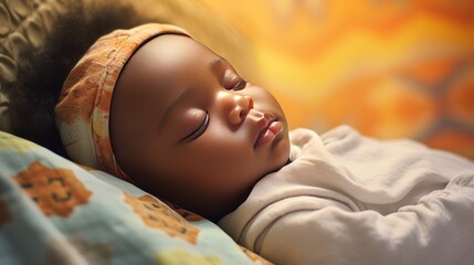 A small African-American child sleeps on the bed.
