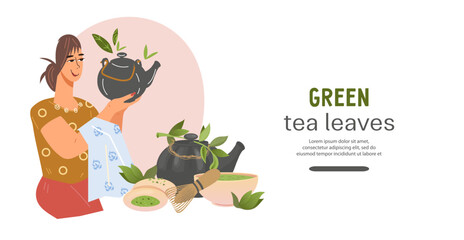 Refreshing and healthy matcha and green tea drinks website store banner, flat vector illustration. Web page with woman enjoying delicious green tea beverage choices.