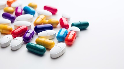 Multi-colored tablets capsules and pills on a white background.