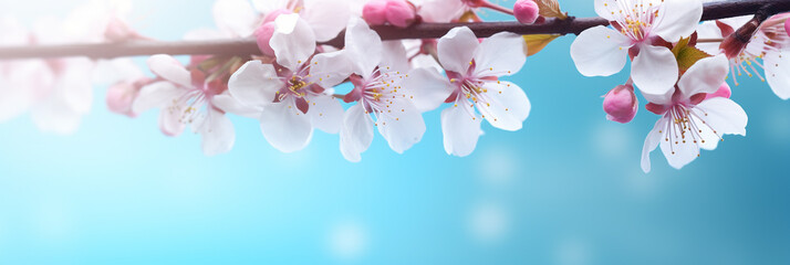 Fototapeta premium Beautiful spring border, blooming cherry blossoms on a blue background. Beautiful bokeh. Space for text