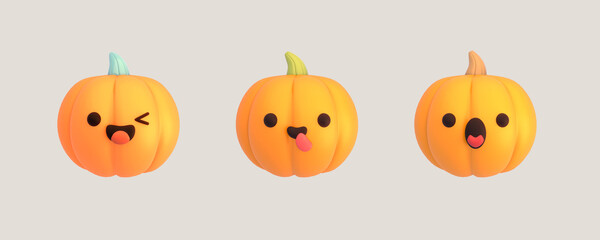 3d rendered kawaii Halloween pumpkin objects on light gray background.