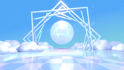 3d rendered surrealist glossy square rings and metallic sphere on checkered floor.