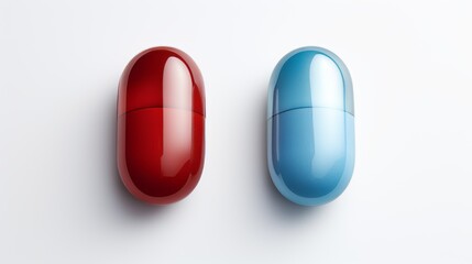 Two capsules of pills, one red and the other blue isolated on a white background.