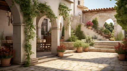 Design an image of a villa with a modern take on a traditional Mediterranean courtyard.